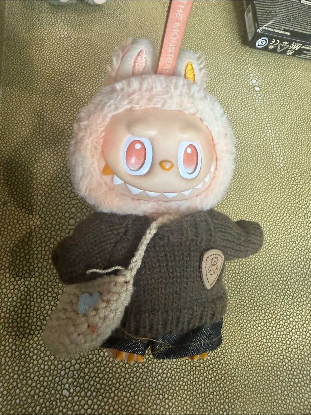 Labubu Cute Monster Plush Doll with Pink Fuzzy Hood and Brown Sweater